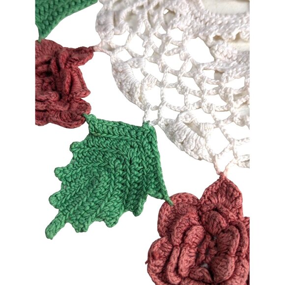 Handmade Floral Crochet Doily With Red Roses & Green Leaves Holly Poinsettia - Picture 2 of 3